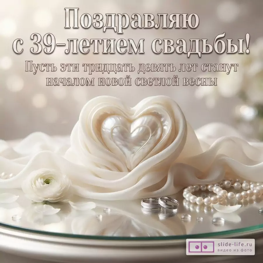 Бежевый фон, белая ткань, жемчужное сердце, белая роза, обручальные кольца, жемчужное ожерелье. Текст: «Поздравляю с 39-летием свадьбы! Пусть эти тридцать девять лет станут началом новой светлой весны»