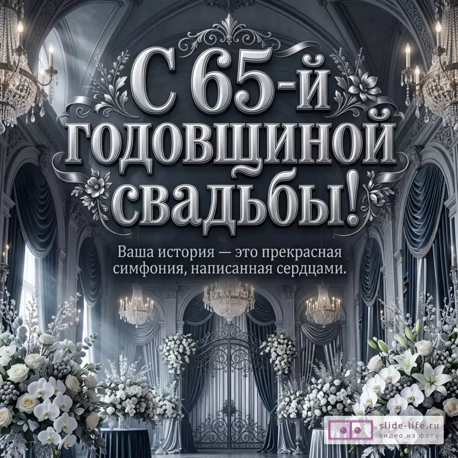 Открытка к 65-летию свадьбы, темно-серый интерьер зала с люстрами, белыми цветами и декоративными узорами, текст «С 65-й годовщиной свадьбы! Ваша история — это прекрасная симфония, написанная сердцами.»