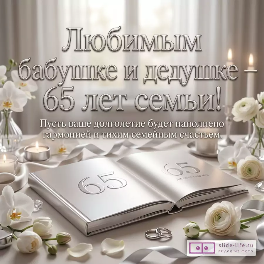 Белая свадебная открытка с книгой, свечами, белыми орхидеями, кольцами и лепестками, текст «Любимым бабушке и дедушке — 65 лет! Пусть ваше долголетие будет наполнено гармонией и тихим семейным счастьем.»