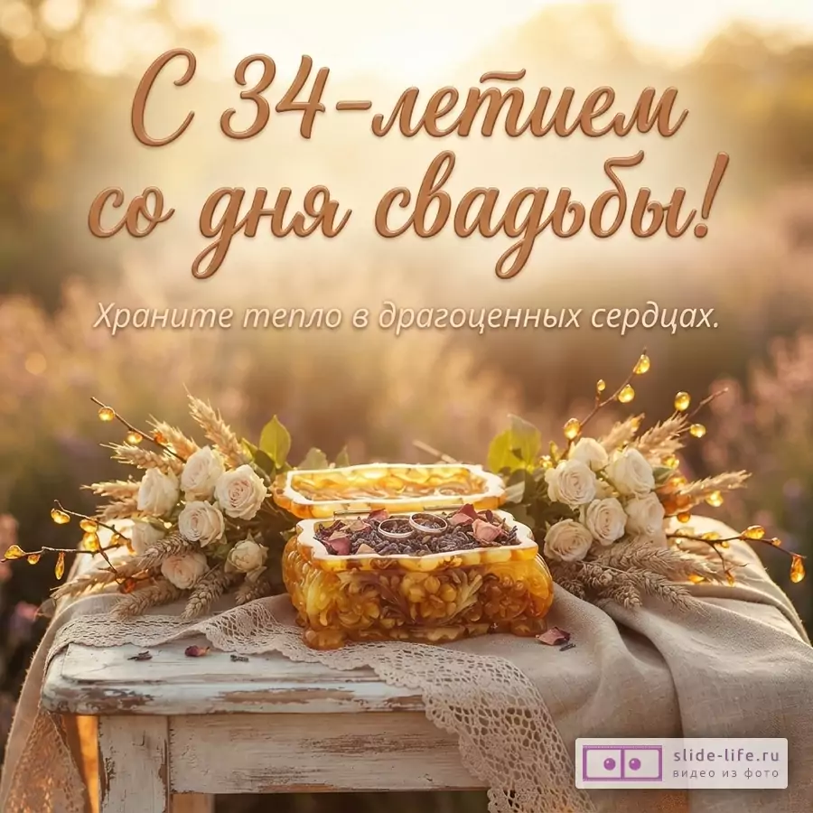 Золотистый фон, на переднем плане деревянный столик с белой скатертью, на ней янтарная шкатулка с кольцами и цветами, букет из белых роз и колосьев. Надпись: «С 34-летием со дня свадьбы!», «Храните тепло в драгоценных сердцах.»