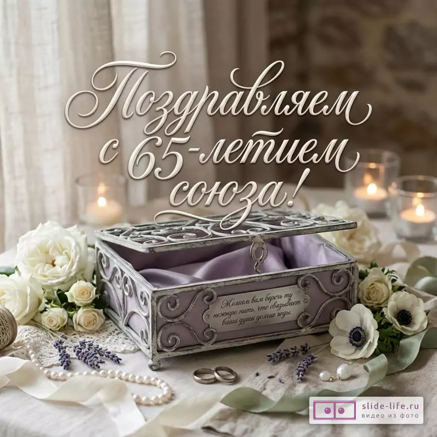 Открытка с текстом «Поздравляем с 65-летием союза! Желаем вам беречь ту нежную нить, что связывает ваши души долгие годы.», бежевая драпировка, декоративная шкатулка, белые цветы, свечи, кольца, жемчуг