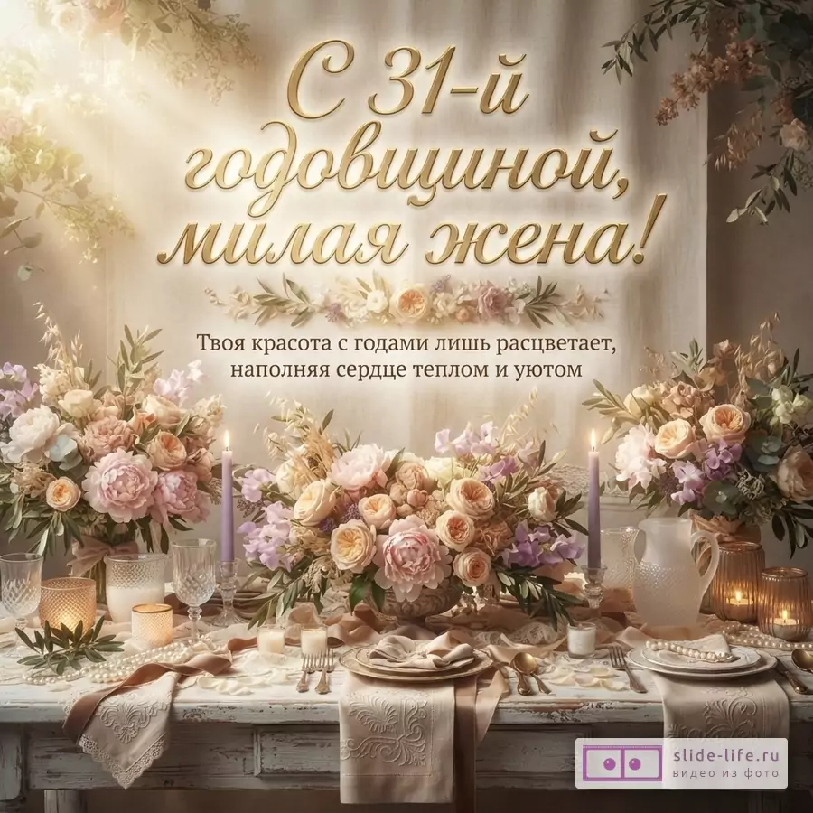 Бежево-золотая открытка с цветочной сервировкой, свечами и текстом «С 31-й годовщиной, милая жена! Твоя красота с годами лишь расцветает, наполняя сердце теплом и уютом»