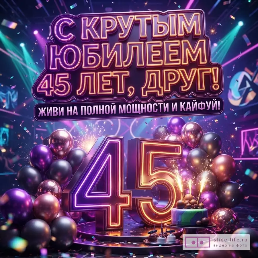 Фон фиолетово-синий с неоновыми огнями. В центре неоновая надпись «С КРУТЫМ ЮБИЛЕЕМ 45 ЛЕТ, ДРУГ! ЖИВИ НА ПОЛНОЙ МОЩНОСТИ И КАЙФУЙ!». Внизу крупные неоновые цифры 45, вокруг шары и торт со свечами.