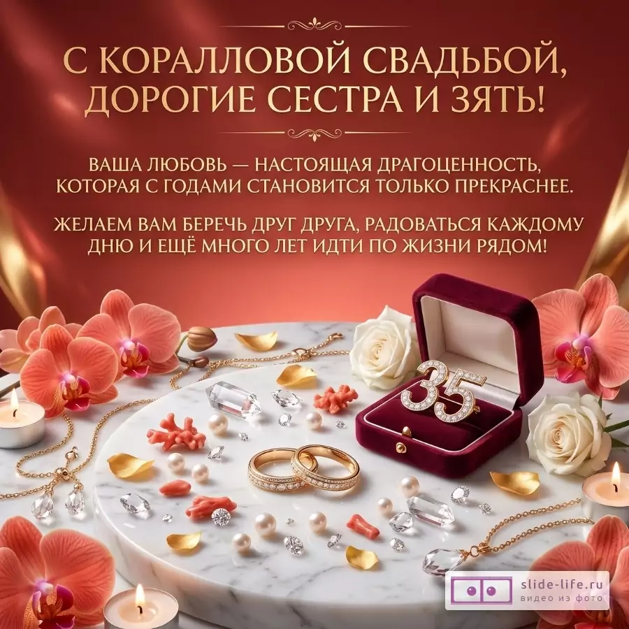 Бордово-коралловый фон, мраморный круг, кольца, бархатная коробочка с «35», розы, орхидеи, свечи, жемчуг и кристаллы; текст: «С КОРАЛЛОВОЙ СВАДЬБОЙ, ДОРОГИЕ СЕСТРА И ЗЯТЬ!»