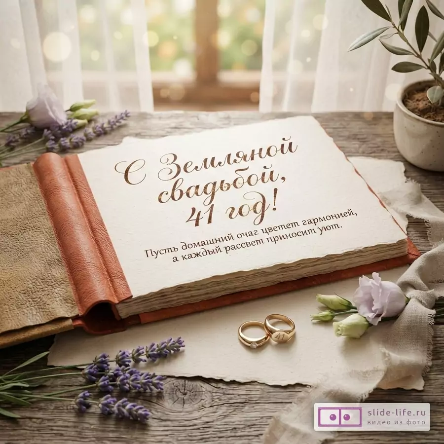 Открытая книга с текстом на белой бумаге, фон размытый, светлый. На переднем плане деревянная поверхность, цветы лаванды, сиреневые бутоны, эвкалипт, три золотых кольца и бежевая лента. Текст: «С Земляной свадьбой, 41 год! Пусть домашний очаг цветет гармонией, а каждый рассвет приносит уют.»