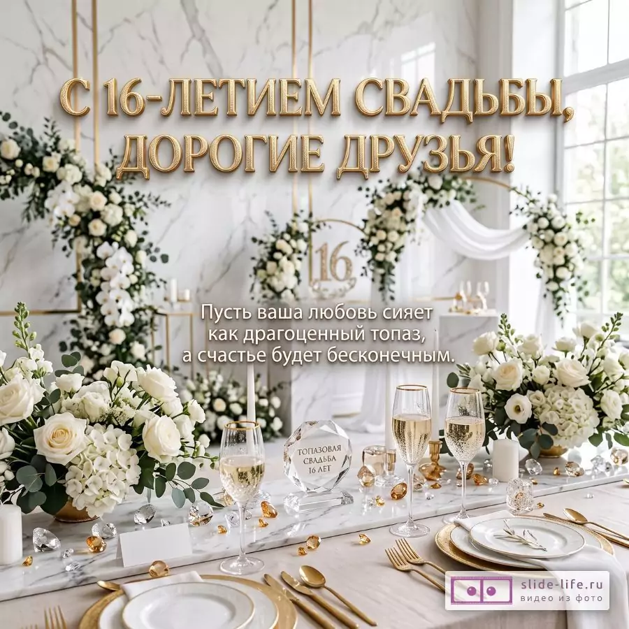 Светлая бело-золотая праздничная сервировка с цветочными композициями, бокалами и хрусталем; текст «С 16-ЛЕТИЕМ СВАДЬБЫ, ДОРОГИЕ ДРУЗЬЯ!», «ТОПАЗОВАЯ СВАДЬБА 16 ЛЕТ».