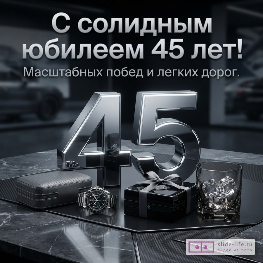 Открытка с черным фоном и серым мраморным столом. На столе хромированные цифры «45», часы, подарочная коробка и стакан с кубиками льда. Текст: «С солидным юбилеем 45 лет! Масштабных побед и легких дорог.»