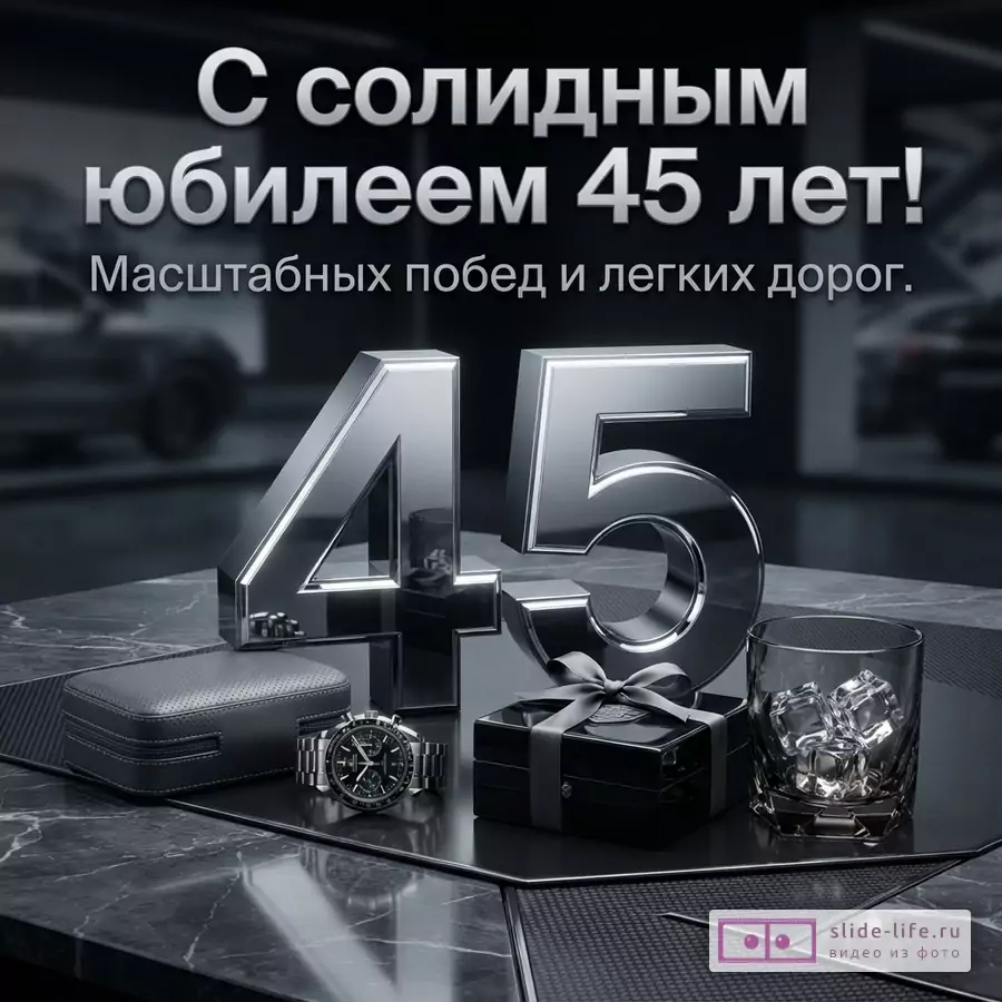 Открытка с черным фоном и серым мраморным столом. На столе хромированные цифры «45», часы, подарочная коробка и стакан с кубиками льда. Текст: «С солидным юбилеем 45 лет! Масштабных побед и легких дорог.»