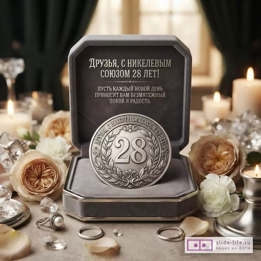 Открытка с серым фоном, на ней открытая серая коробочка с надписью «ДРУЗЬЯ, С НИКЕЛЕВЫМ СОЮЗОМ 28 ЛЕТ! ПУСТЬ КАЖДЫЙ НОВОЙ ДЕНЬ ПРИНОСИТ ВАМ БЕЗМЯТЕЖНЫЙ ПОКОЙ И РАДОСТЬ.». В коробочке круглая серебряная медаль с цифрой «28» и надписью по кругу «ДРУЗЬЯ С НИКЕЛЕВЫМ СОЮЗОМ 28 ЛЕТ!». Вокруг коробочки свечи, розы, кольца и кристаллы.