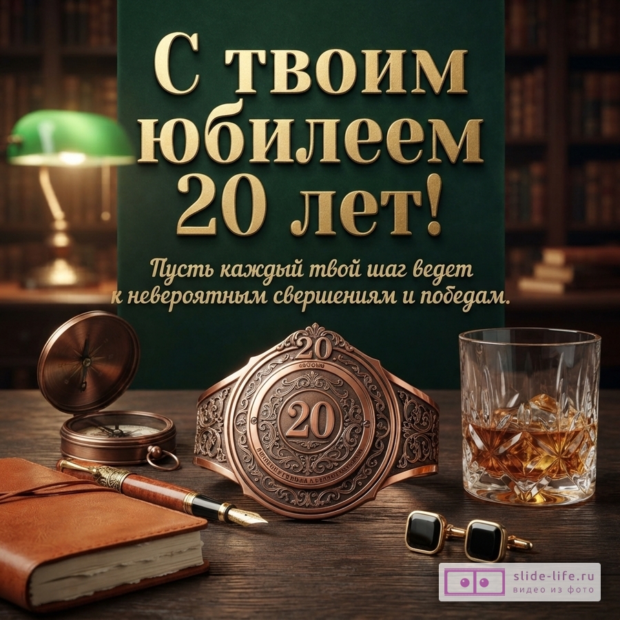 Зеленая открытка с надписью «С твоим юбилеем 20 лет! Пусть каждый твой шаг ведет к невероятным свершениям и победам.», компасом, блокнотом и запонками.