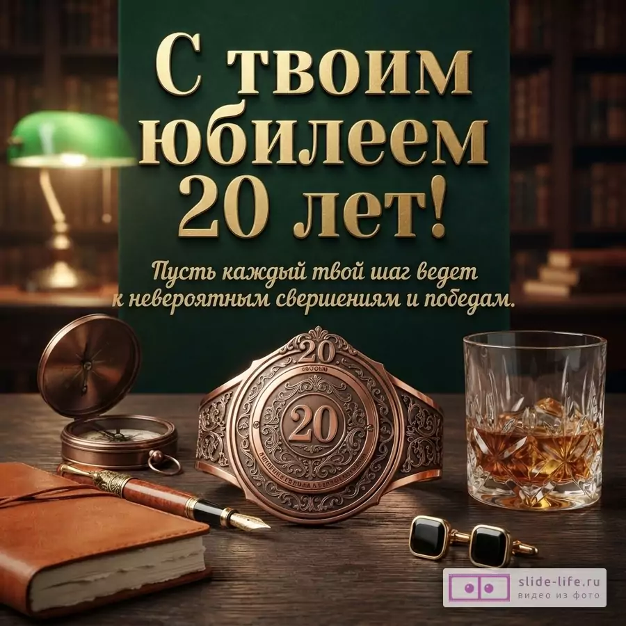 Зеленая открытка с надписью «С твоим юбилеем 20 лет! Пусть каждый твой шаг ведет к невероятным свершениям и победам.», компасом, блокнотом и запонками.