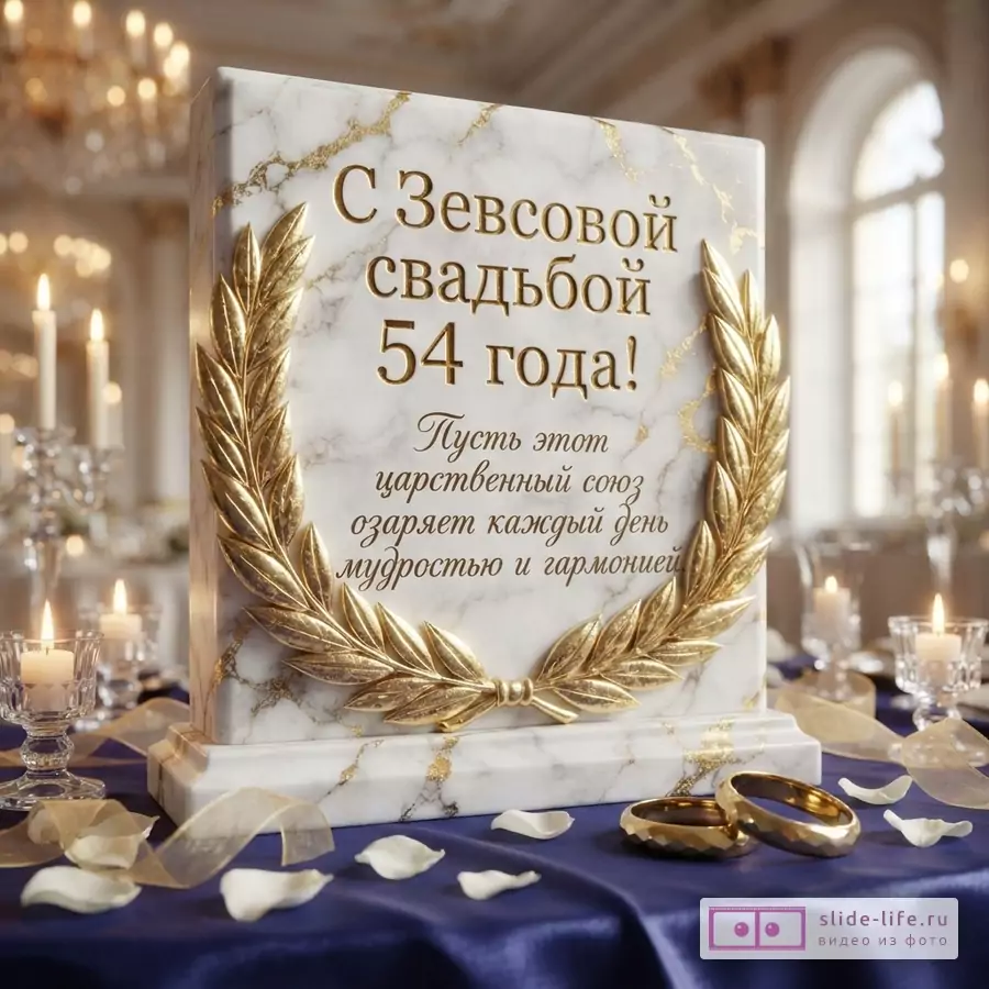 Мраморная открытка с золотым лавровым венком, золотыми буквами «С Зевсовой свадьбой 54 года! Пусть этот царственный союз озаряет каждый день мудростью и гармонией.», фон светлого праздничного зала, свечи, стол с синей скатертью и золотыми кольцами