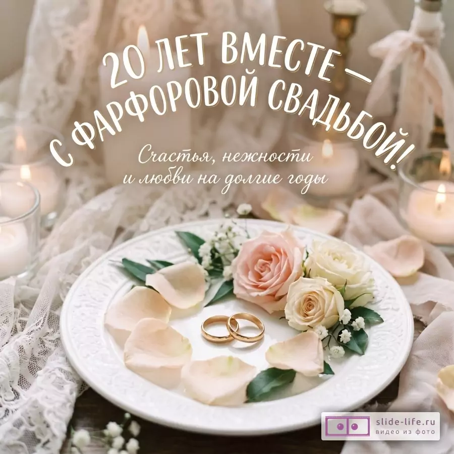 Бежево-кремовый фон, белая фарфоровая тарелка, золотые обручальные кольца, розовые и кремовые розы, лепестки, свечи. Текст: «20 ЛЕТ ВМЕСТЕ — С ФАРФОРОВОЙ СВАДЬБОЙ! Счастья, нежности и любви на долгие годы»