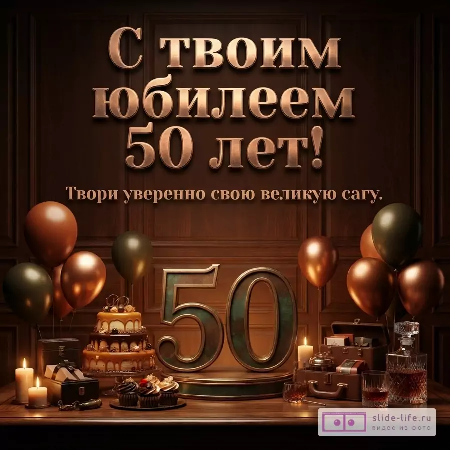 Стильная открытка мужчине на юбилей 50 лет про великую сагу