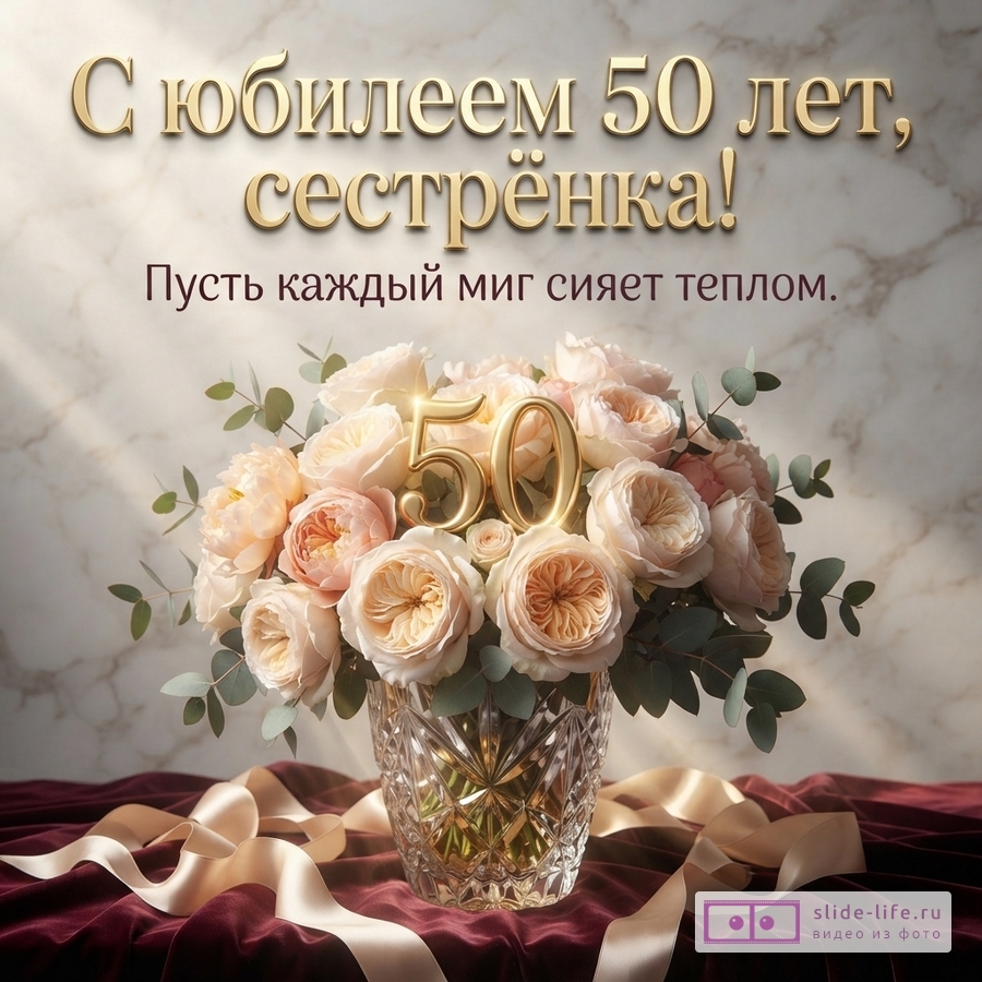 Открытка с бордовым фоном и золотыми буквами. В центре букет из персиковых и кремовых роз с золотыми цифрами «50». Текст: «С юбилеем 50т, сестрёнка! Пусть каждый миг сияет теплом»