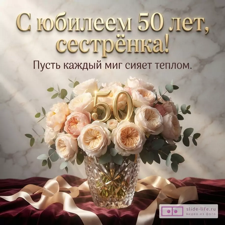 Открытка с бордовым фоном и золотыми буквами. В центре букет из персиковых и кремовых роз с золотыми цифрами «50». Текст: «С юбилеем 50т, сестрёнка! Пусть каждый миг сияет теплом»