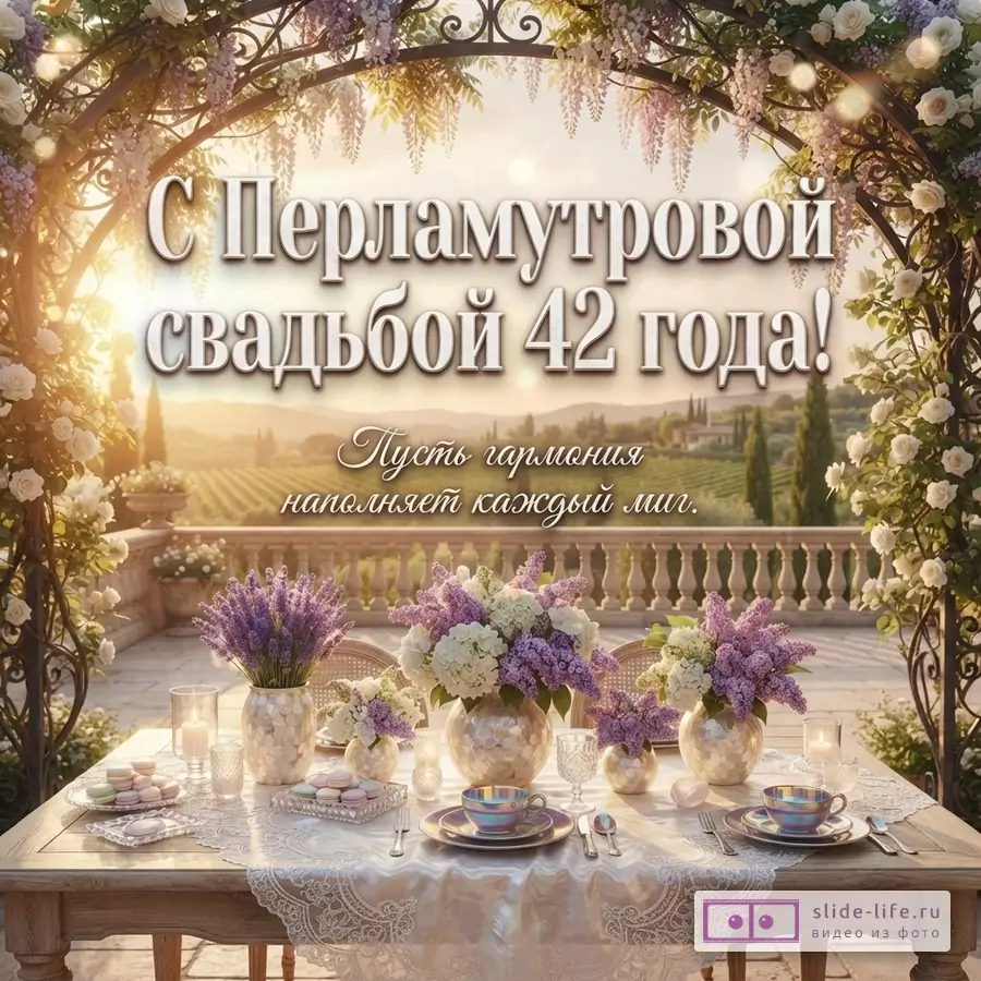 Открытка с аркой из цветов, на фоне закат и виноградники. На столе вазы с сиренью и гортензиями, макаруны, сервировка. Текст: «С Перламутровой свадьбой 42 года! Пусть гармония наполняет каждый миг.»