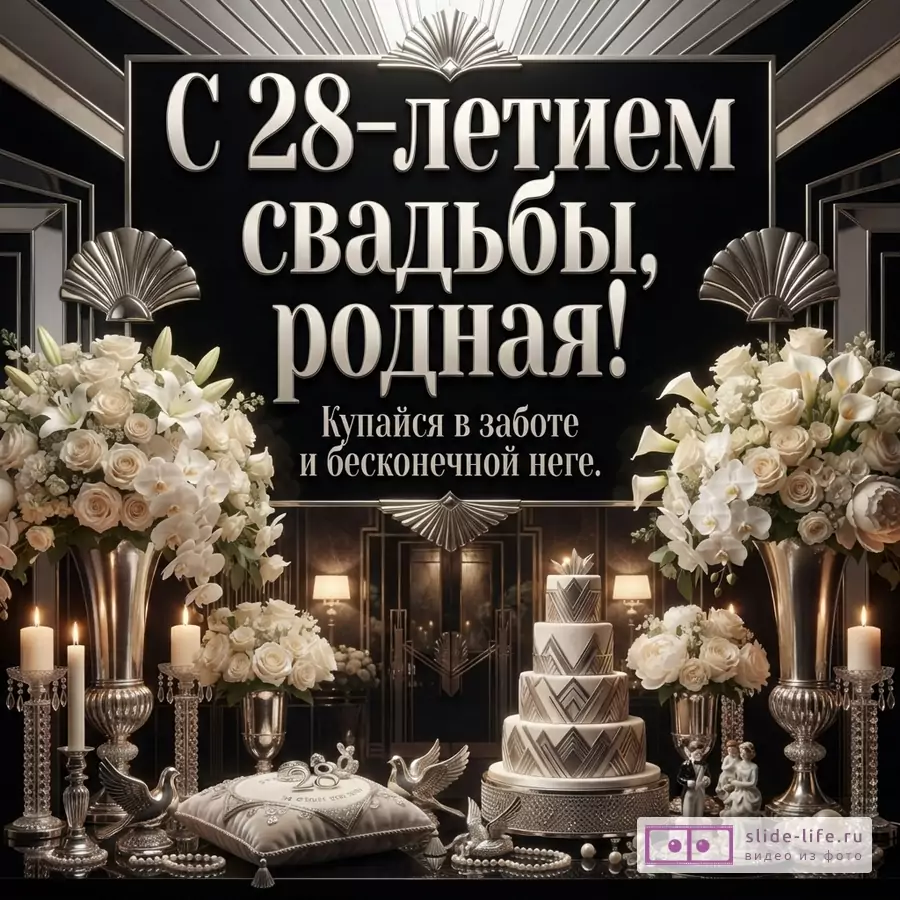 Черный фон, серебряные рамки, белые цветы, свечи, свадебный торт. Текст: «С 28-летием свадьбы, родная! Купайся в заботе и бесконечной неге.»