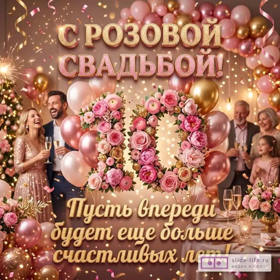 Розово-золотой праздничный фон, шары, конфетти, цветочная цифра 10, люди с бокалами. Текст: «С РОЗОВОЙ СВАДЬБОЙ!» и «Пусть впереди будет еще больше счастливых лет!»