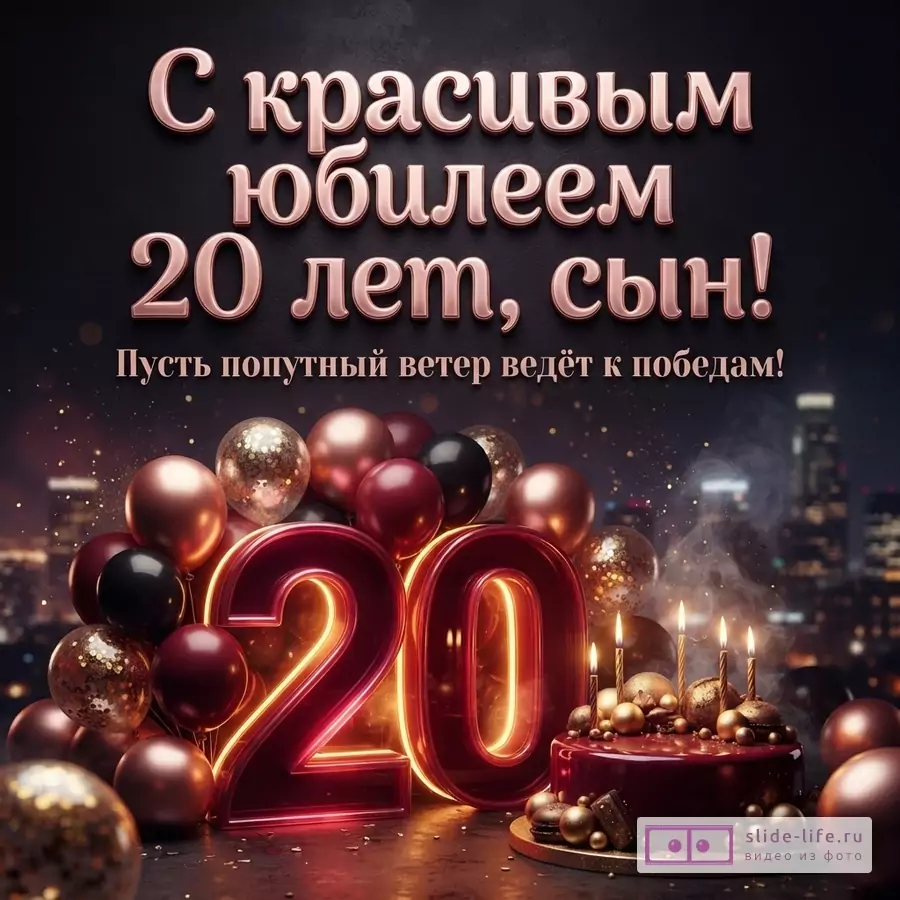 Объемная светящаяся цифра 20, праздничный торт со свечами и воздушные шары бордового цвета на фоне вечернего города с текстом «С красивым юбилеем 20 лет, сын! Пусть попутный ветер ведёт к победам!»