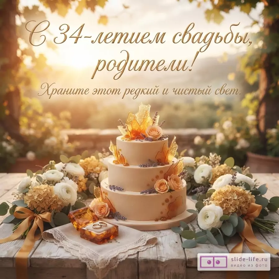 Открытка с Янтарной свадьбой. На фоне заката двухъярусный торт, украшенный карамелью и цветами, букеты цветов, кольца в янтарной шкатулке. Текст: «С 34-летием свадьбы, родители! Храните этот редкий и чистый свет.»