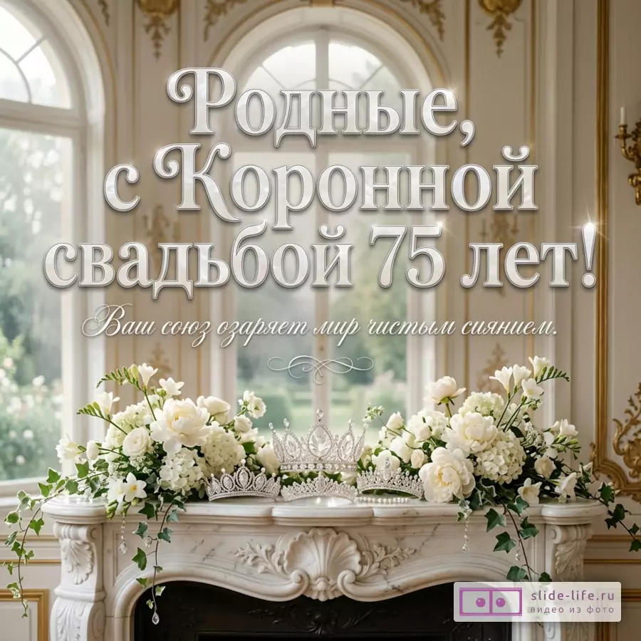 Хрустальная корона и белые цветы на каминной полке у окна с текстом «Близкие, с Коронной свадьбой 75 лет! Ваш союз озаряет мир чистым сиянием.».