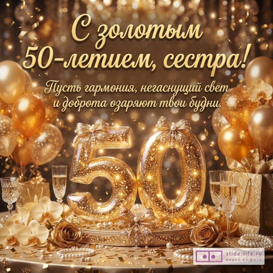 Открытка с золотым фоном, золотыми шарами, конфетти, бокалами шампанского, орхидеями и золотыми цифрами «50». Текст: «С золотым 50-летием, сестра! Пусть гармония, негаснущий свет и доброта озаряют твои будни.»