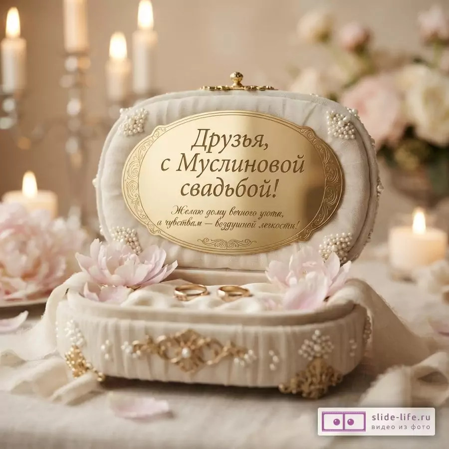 Открытая шкатулка кремового цвета с золотым декором и жемчугом, внутри два золотых кольца на подушечке, лепестки роз. На золотой табличке текст: «Друзья, с Муслиновой свадьбой! Желаю дому вечного уюта, а чувствам — воздушной легкости!»
