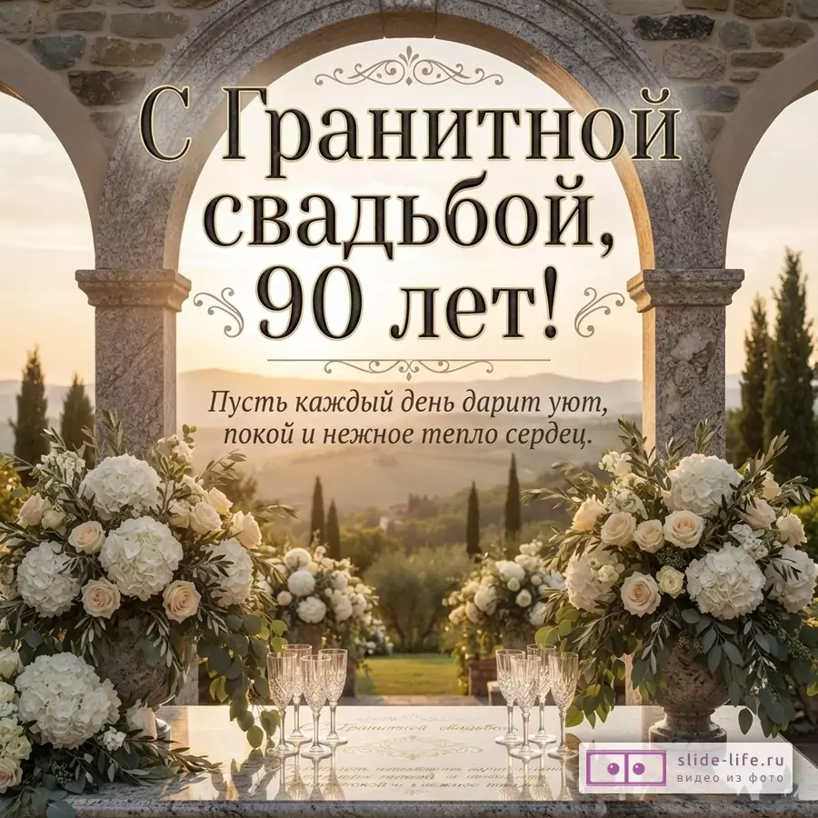 «С Гранитной свадьбой, 90 лет! Пусть каждый день дарит уют, покой и нежное тепло сердец». Каменная арка, цветочные композиции, бокалы, светлый пейзаж и теплый фон.