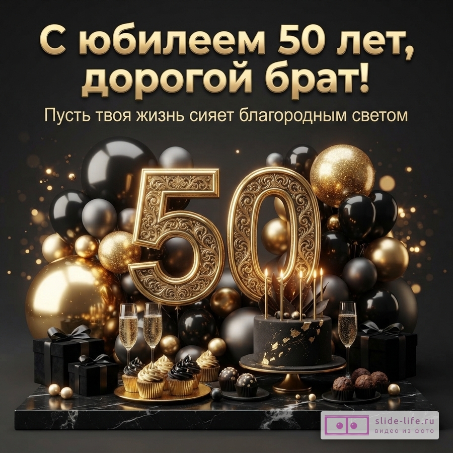 Открытка на черном фоне с золотыми и черными шарами, цифрами «50», тортом, капкейками, бокалами шампанского и подарками. Текст: «С юбилеем 50 лет, дорогой брат! Пусть твоя жизнь сияет благородным светом»