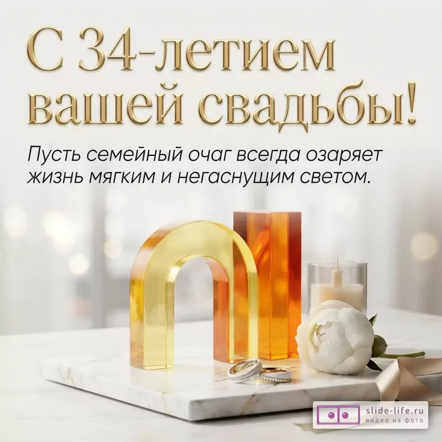 Светлый фон, золотые буквы, текст «С 34-летием вашей свадьбы! Пусть семейный очаг всегда озаряет жизнь мягким и негаснущим светом.», золотые декоративные элементы, обручальные кольца, белый пион, атласная лента.