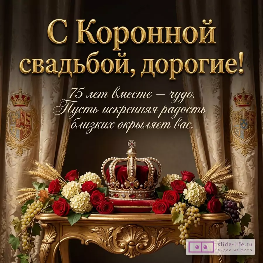 Золотая корона на резном столике с розами и виноградом на фоне портьер с гербами. Надпись: «С Коронной свадьбой, дорогие! 75 лет вместе — чудо. Пусть искренняя радость близких окрыляет вас.»