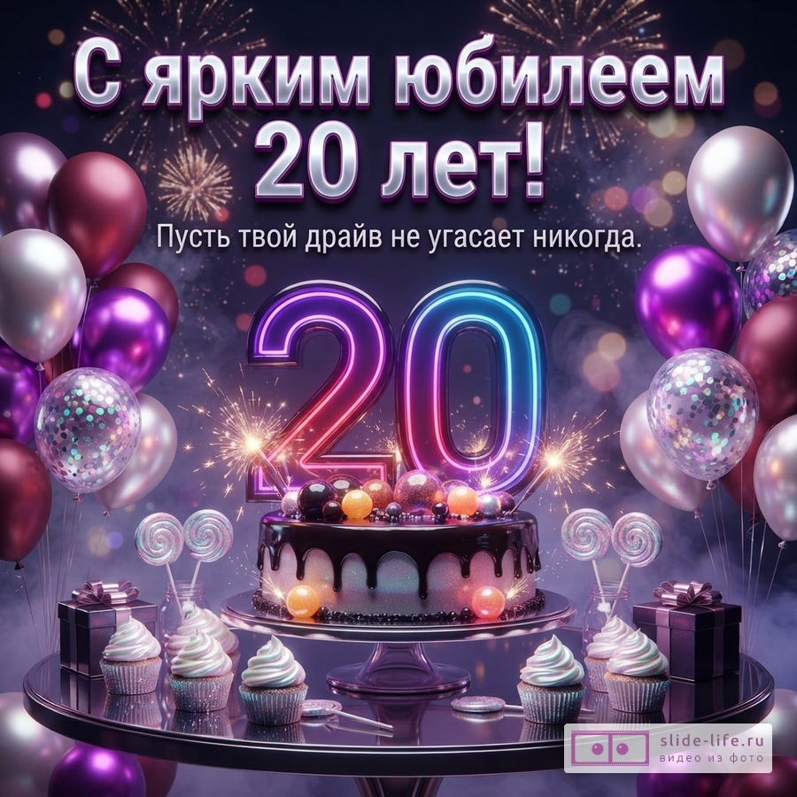 Неоновая светящаяся цифра 20, праздничный торт, подарки и воздушные шары с текстом «С ярким юбилеем 20 лет! wish: Пусть твой драйв не угасает никогда».