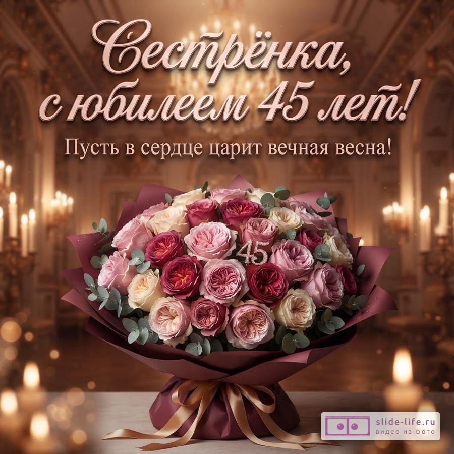 Букет роз разных оттенков на фоне интерьера с люстрой и свечами. На букете цифры 45. Текст: «Сестрёнка, с юбилеем 45 лет! Пусть в сердце царит вечная весна!»