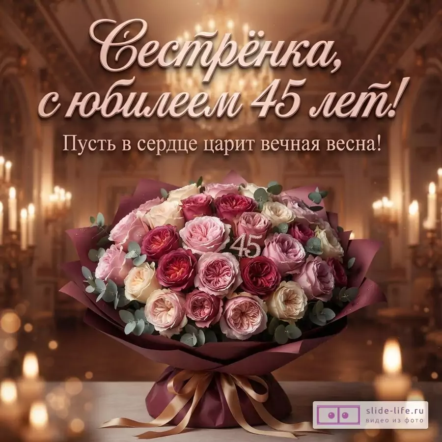 Букет роз разных оттенков на фоне интерьера с люстрой и свечами. На букете цифры 45. Текст: «Сестрёнка, с юбилеем 45 лет! Пусть в сердце царит вечная весна!»