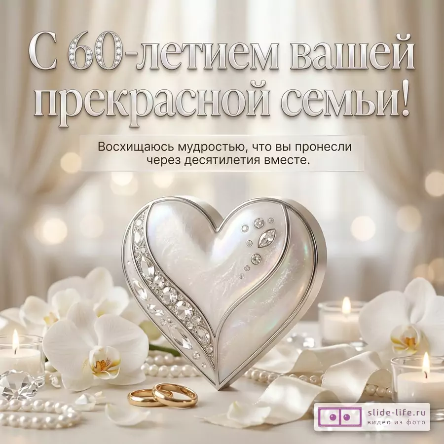 Бежевая открытка с белыми орхидеями, свечами, жемчугом, обручальными кольцами и сердцем с декоративными камнями, текст «С 60-летием вашей прекрасной семьи! Восхищаюсь мудростью, что вы пронесли через десятилетия вместе.»