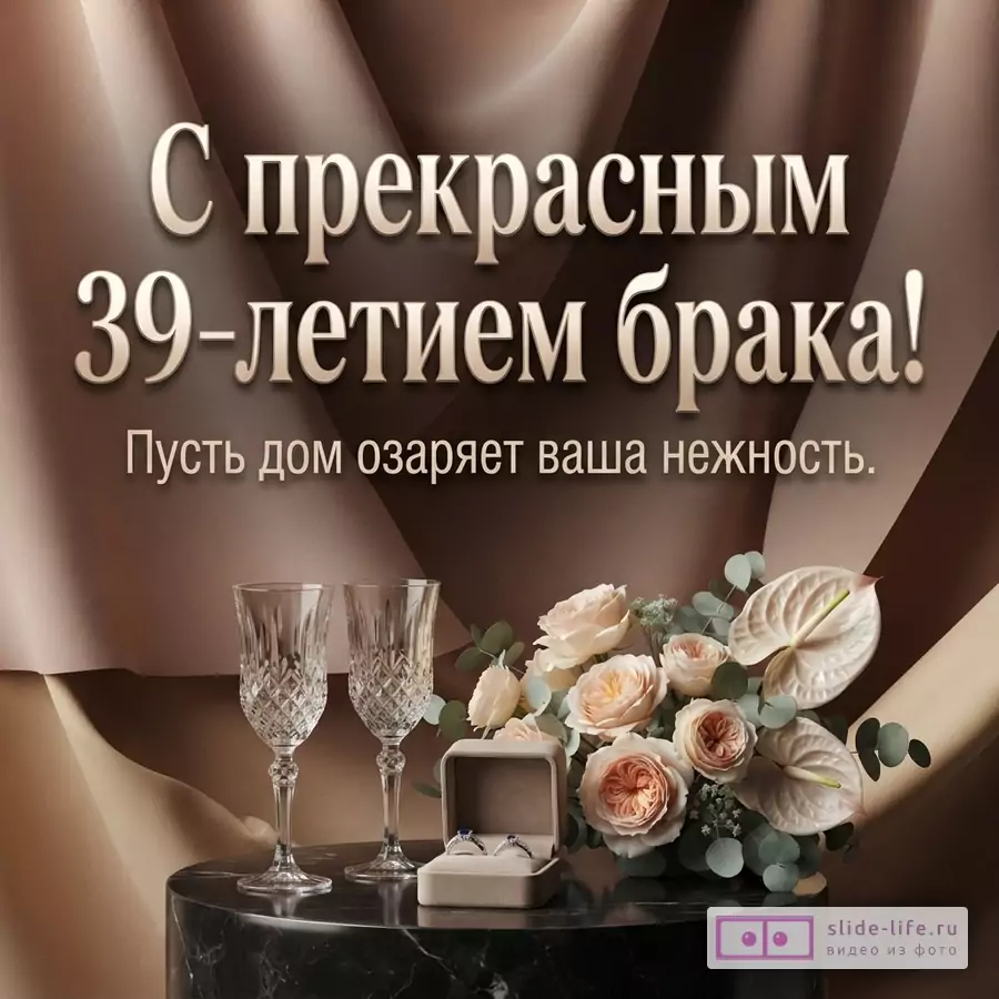 Коричневый фон, драпировка. Текст «С прекрасным 39-летием брака! Пусть дом озаряет ваша нежность.». Два бокала, кольца в коробочке, букет цветов.