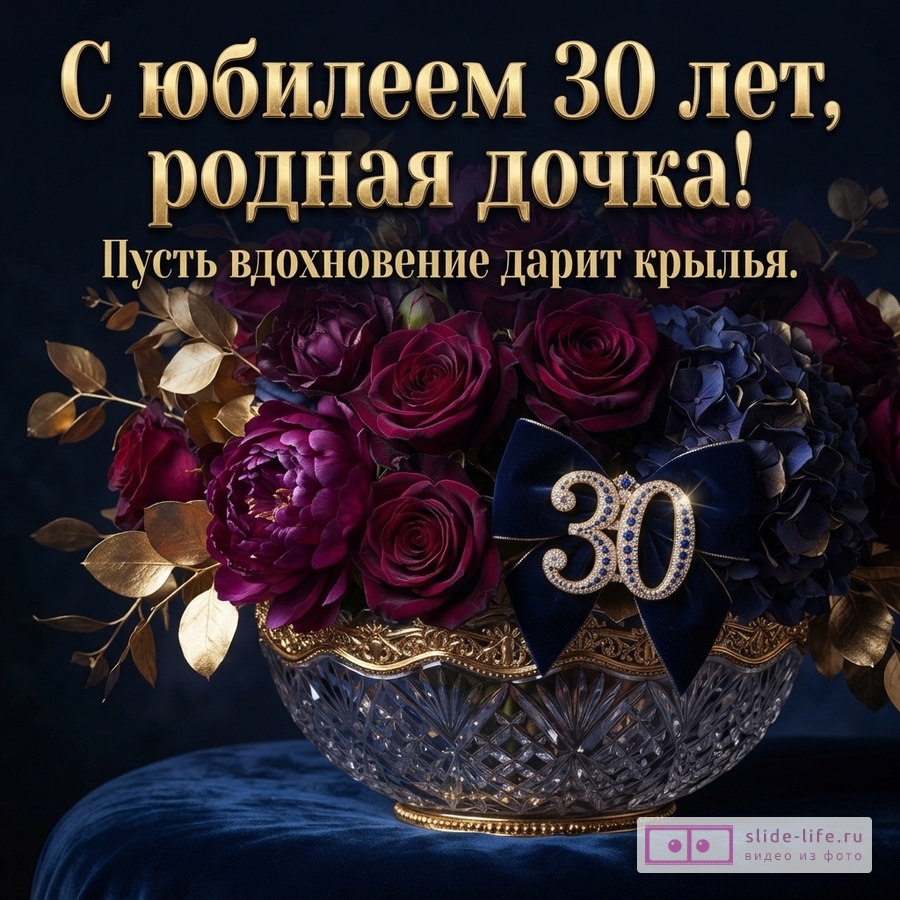Букет бордовых роз в хрустальной вазе с цифрой 30 и надпись «С юбилеем 30 лет, родная дочка! Пусть вдохновение дарит крылья.» на темном фоне.