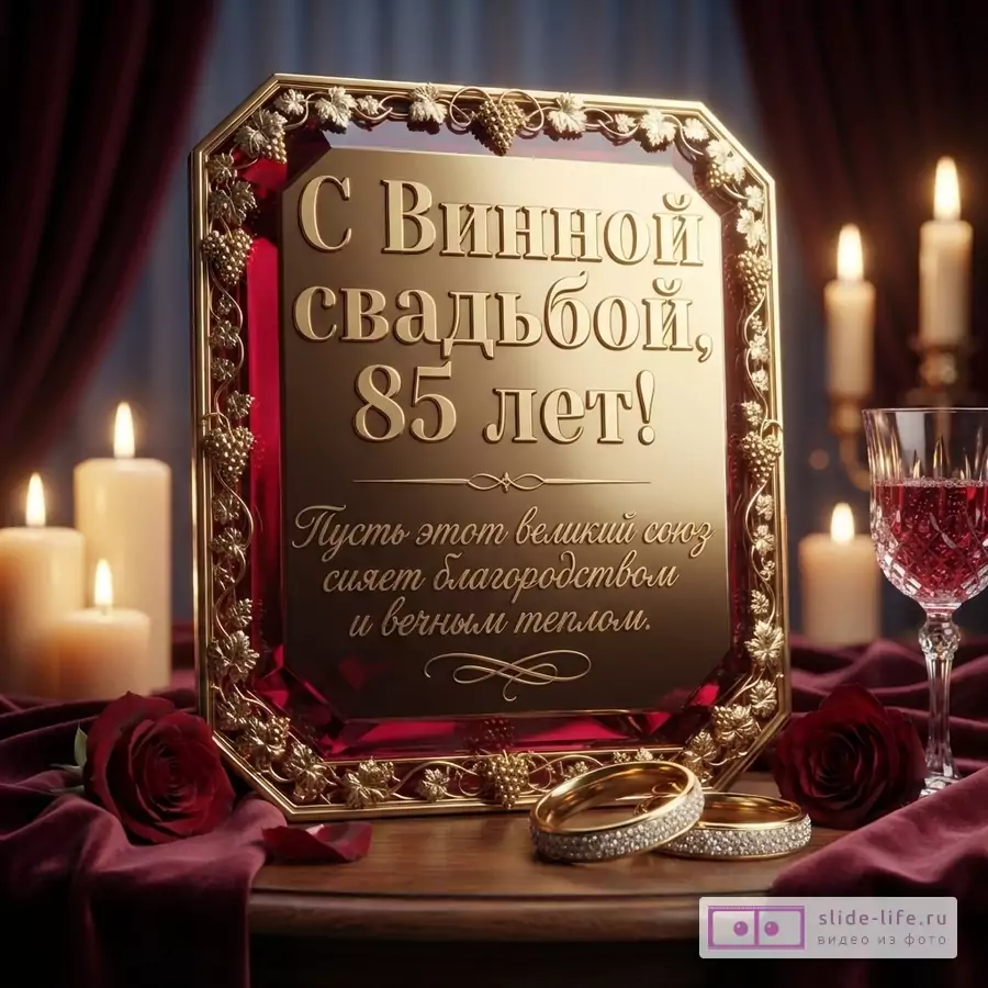 Золотая табличка в резной раме с надписью «С Винной свадьбой, 85 лет! Пусть этот великий союз сияет благородством и вечным теплом», кольца, бокал вина, свечи и розы.