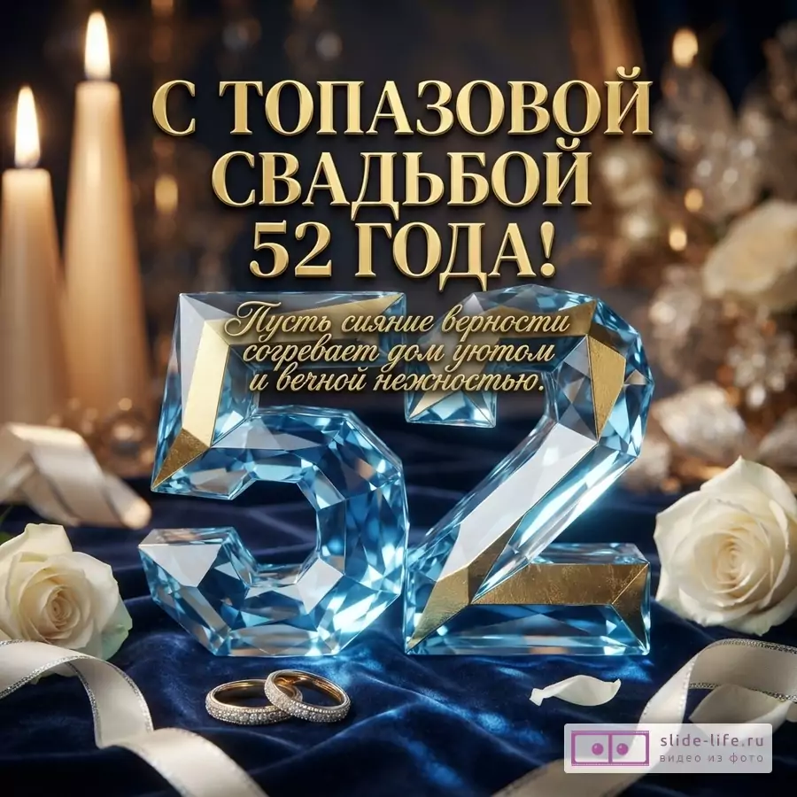 Открытка с синим фоном, двумя горящими свечами, белыми розами и обручальными кольцами. В центре крупные цифры «52» из голубого топаза. Текст: «С ТОПАЗОВОЙ СВАДЬБОЙ 52 ГОДА! Пусть сияние верности согревает дом уютом и вечной нежностью.»