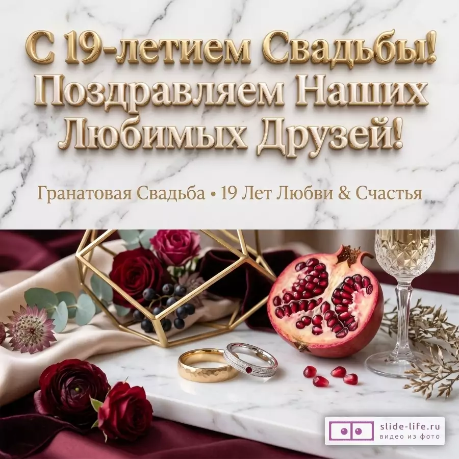 Белый мраморный фон, бордовая ткань, гранат, обручальные кольца, бокал, бордовые розы и золотой декор. Текст: «С 19-летием Свадьбы! Поздравляем Наших Любимых Друзей! Гранатовая Свадьба • 19 Лет Любви & Счастья»