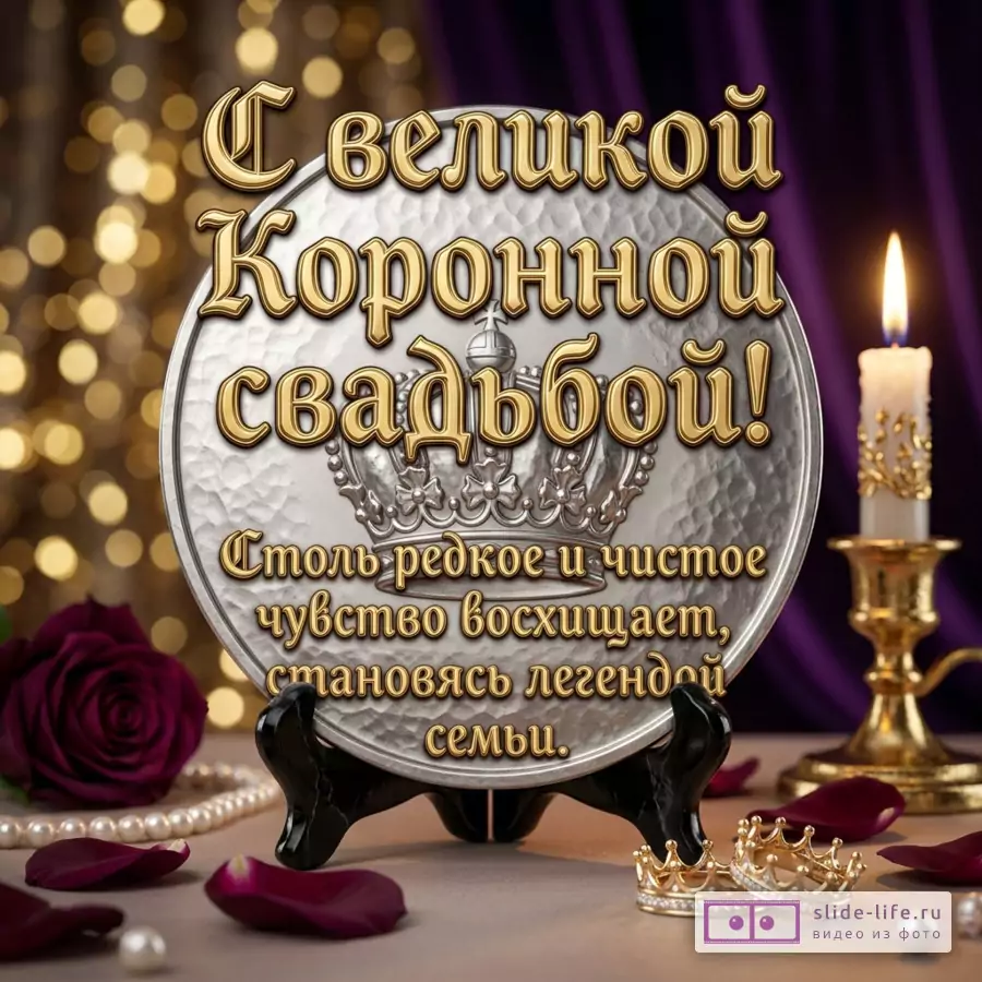 Серебряный диск с короной, свеча в канделябре, золотые кольца, лепестки роз и надпись: «С великой Коронной свадьбой! Столь редкое и чистое чувство восхищает, становясь легендой семьи.»