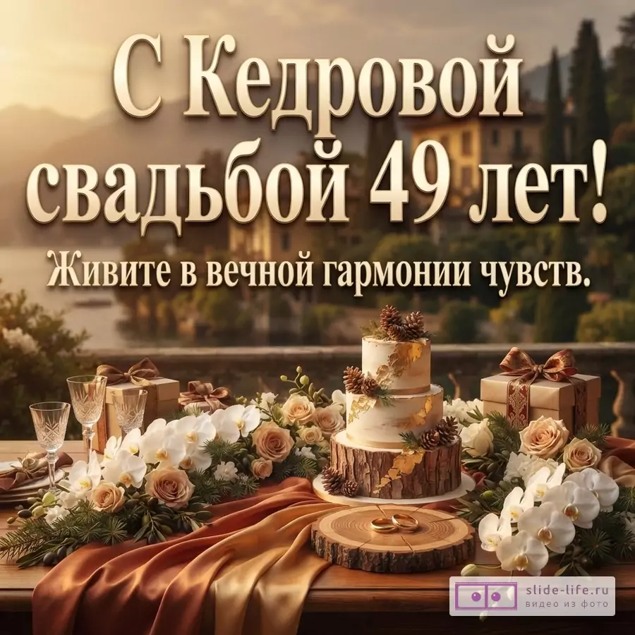 Фон с видом на озеро и горы, на переднем плане стол с коричневой скатертью, цветами, бокалами, подарками и двухъярусным тортом. На торте шишки и золотые элементы. На столе два золотых кольца. Текст: «С Кедровой свадьбой 49 лет! Живите в вечной гармонии чувств.»