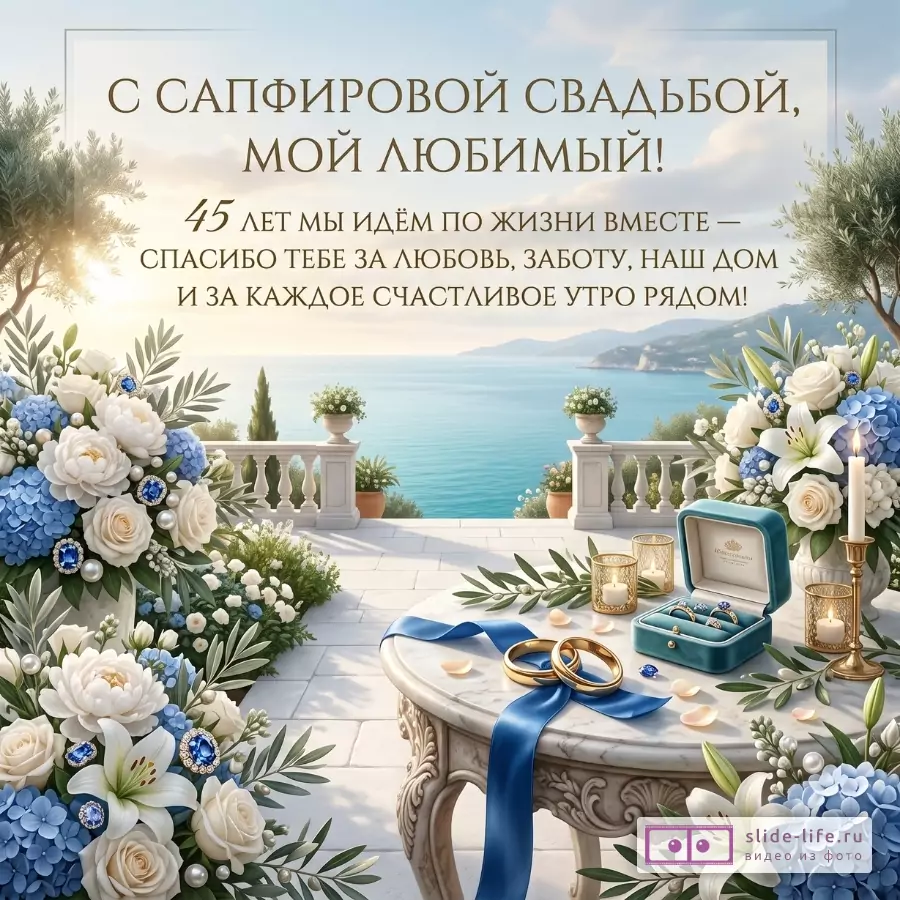 Голубой морской фон, бело-синие цветы, кольца, свечи и шкатулка. Текст: «С САПФИРОВОЙ СВАДЬБОЙ, МОЙ ЛЮБИМЫЙ!», «45 ЛЕТ...»
