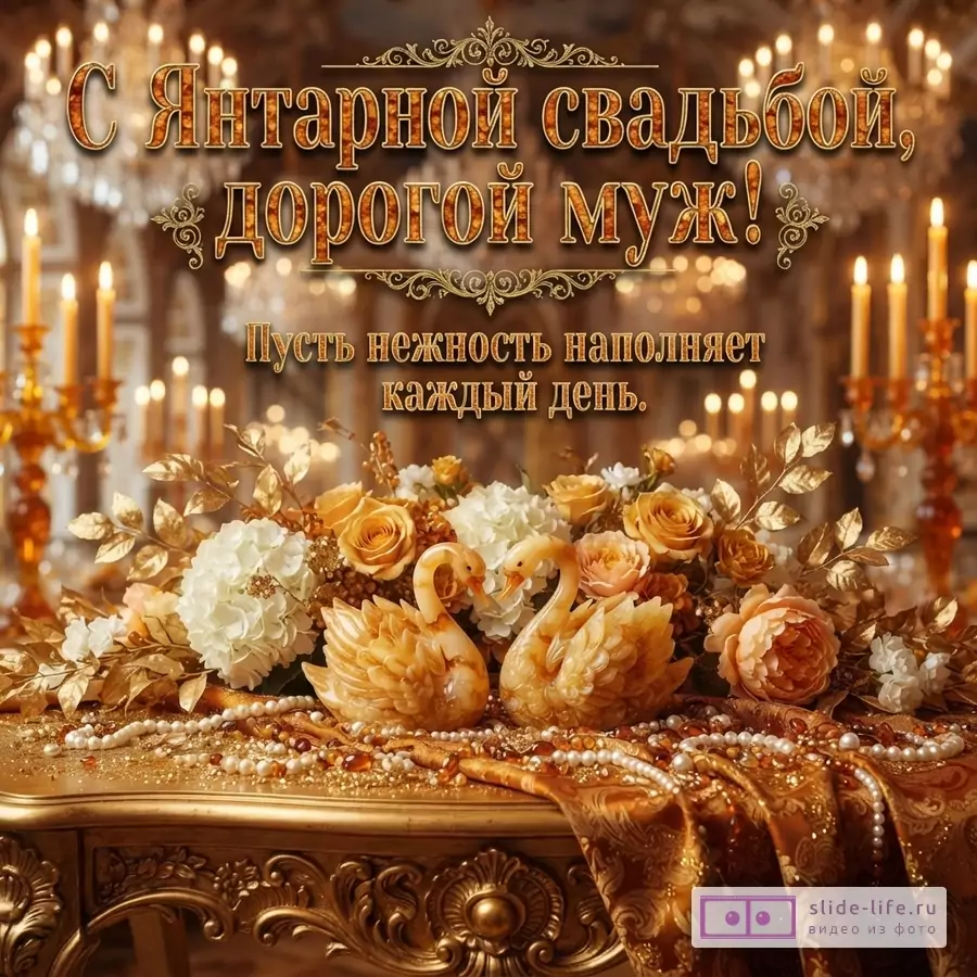 Открытка с янтарной свадьбой. Фон коричневый, золотой. Сверху текст «С Янтарной свадьбой, дорогой муж!». Ниже текст «Пусть нежность наполняет каждый день.». Внизу столик с цветами, бусами и двумя лебедями из янтаря.