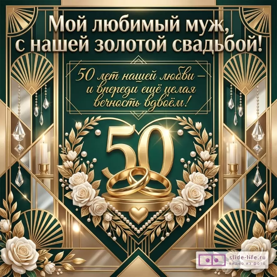 Тёмно-зелёная и золотая открытка с цифрой 50, кольцами, розами, свечами и жемчугом. Текст: «Мой любимый муж, с нашей золотой свадьбой!» «50 лет нашей любви — и впереди вечность вдвоём!»
