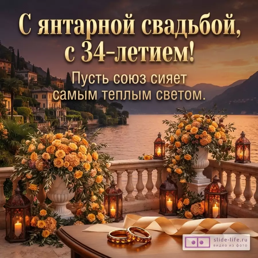 Фон заката над озером с горами, на переднем плане балкон с цветочными композициями из желтых роз, фонарями со свечами и двумя золотыми кольцами на столе. Текст: «С янтарной свадьбой, с 34-летием! Пусть союз сияет самым теплым светом.»