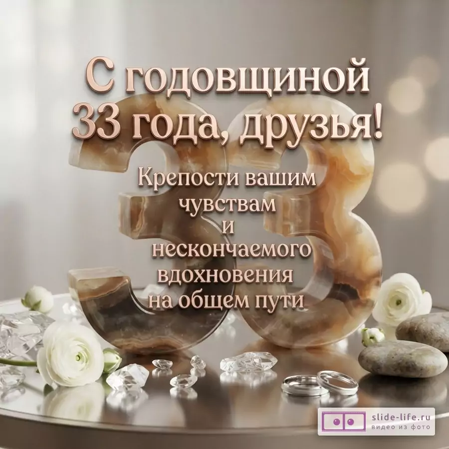Фон светло-серый, размытый. В центре крупные цифры «33» из камня под оникс. Сверху надпись «С годовщиной 33 года, друзья!». Ниже надпись «Крепости вашим чувствам и нескончаемого вдохновения на общем пути». Внизу белые цветы, камни, кристаллы и два обручальных кольца.