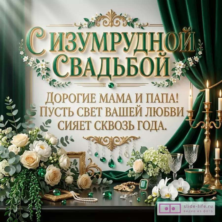 Белый фон, изумрудные шторы, золотой декор, белые цветы, розы, орхидеи, свечи в золотых подсвечниках, бокалы, зеленые камни, текст «С ИЗУМРУДНОЙ СВАДЬБОЙ! ДОРОГИЕ МАМА И ПАПА! ПУСТЬ СВЕТ ВАШЕЙ ЛЮБВИ СИЯЕТ СКВОЗЬ ГОДА.»