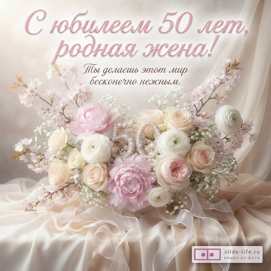 Открытка с букетом розовых и белых цветов, на фоне светлой драпировки. В центре букета цифры «50» из жемчуга. Текст: «С юбилеем 50 лет, родная жена! Ты делаешь этот мир бесконечно нежным.»